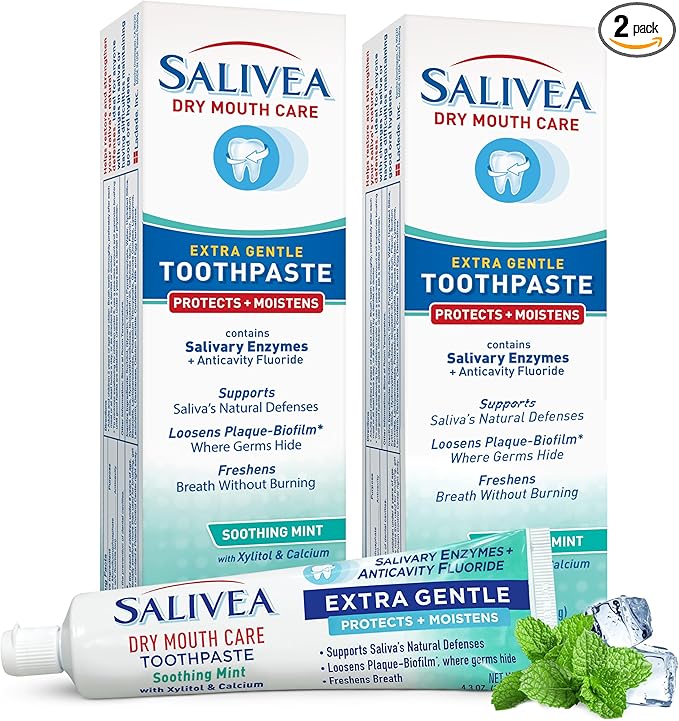 SALIVEA Gentle Toothpaste for Dry Mouth Care, 4.3 oz Tube, 2 Pack, Anticavity with Fluoride, Natural Salivary Enzymes, Vitamin E & Aloe Vera, Cleans, Moisturizes & Refreshes Breath, Soothing Mint