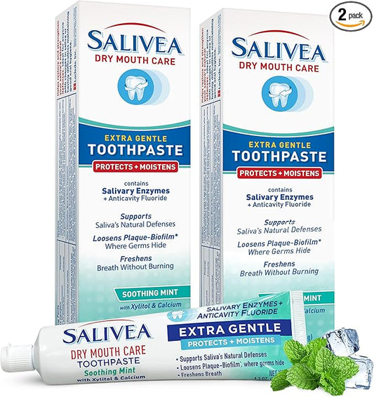 SALIVEA Gentle Toothpaste for Dry Mouth Care, 4.3 oz Tube, 2 Pack, Anticavity with Fluoride, Natural Salivary Enzymes, Vitamin E & Aloe Vera, Cleans, Moisturizes & Refreshes Breath, Soothing Mint