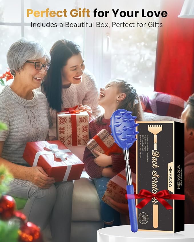 Telescoping Back Scratcher with 5 Detachable Heads, Gifts for Christmas, Stocking Stuffers for Men, Women, Him, Her, Dad, Funny White Elephant Gifts for Adults, Gift Box Included