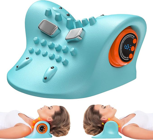 snawowo 3-in-1 Cervical Neck Massager with Heat - Acupoint Shoulder Relaxer Traction Stretcher for Pain Relief, 3 Human-Like Kneading, Heat & Vibration Levels, 360° Remote, 30° Design, 15Min Auto Off