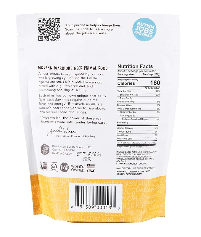 BeeFree Warrior Mix Gluten Free Granola - Chunky Granola Bites | Paleo, Low Carb, Grain Free, Preservative Free, Oat Free | Auggy’s Original Mix, 9 Ounce Bags, 3 Pack