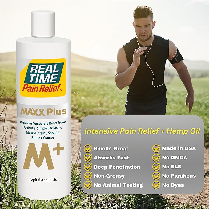 Real Time Pain Relief MAXX Plus - 16oz Bottle | Intensive Formula with 19 Natural Ingredients Including Hemp Oil | Fast-Acting Relief for Muscle Pain, Arthritis, Backaches, and More