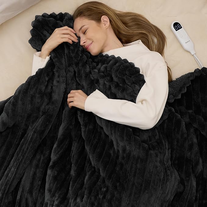 Bedsure Electric Blanket Full Size - Thick Striped Flannel Heated Blanket with 6 Heat Settings, 10 Time Settings, 8-Hour Timer Auto Shut Off, Gifts for Grandma (72x84 inches, Black)