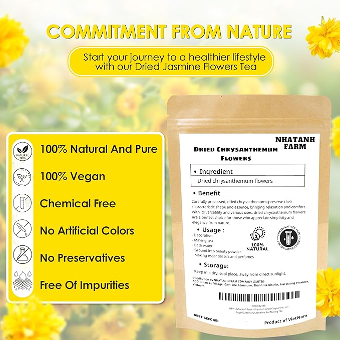 Nhat Anh Farm - Premium Dried Chrysanthemum - 3,5oz(100g) Dried Chrysanthemum Flowers - 100% Natural & Pure - Sugar/Caffeine/Gluten Free. For Making Tea