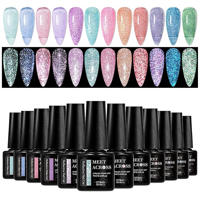 MEET ACROSS Reflective Glitter Gel Nail Polish, Shimmery Gel Polish Set 12 Pcs Sparkly Shiny Gel Soak Off UV LED Nail Art Varnish Manicure Kit DIY at Home