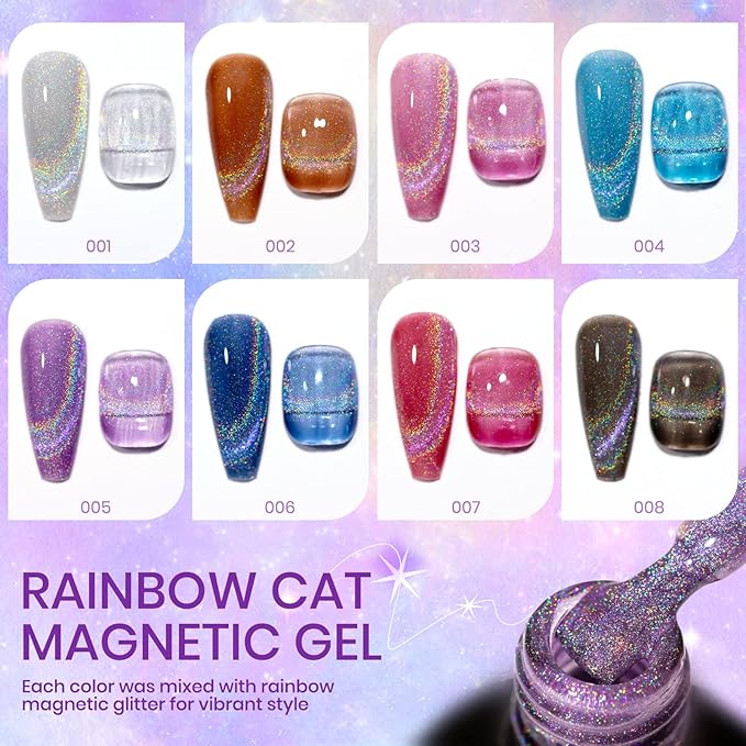 Rainbow Cat Eye Nail Gel Polish Set, Sparkle Holographic 9D Cateye Nail Polish Gels Magnetic Gel Soak Off Lamp Gels Varnish Nail Salon Kit (0.24fl oz)