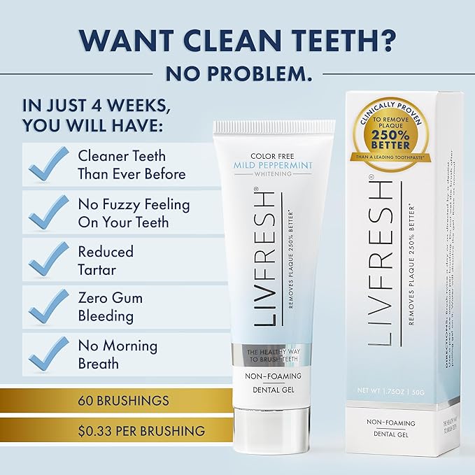 LIVFRESH Toothpaste Gel, Clinically Proven to Remove Plaque 250% Better, Improves Gum Health 190% Better, Prevents & Reduces Tartar, Mild Peppermint
