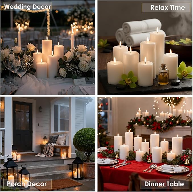 White Pillar Candles Set, 12 Packs, 2.8 in x 4, 6, 8 Inch Assorted Size Unscented Pillar Candles Bulk for Home Decor, Long Burning Candle for Emergency, Holiday Dinner, Dripless & Smokeless