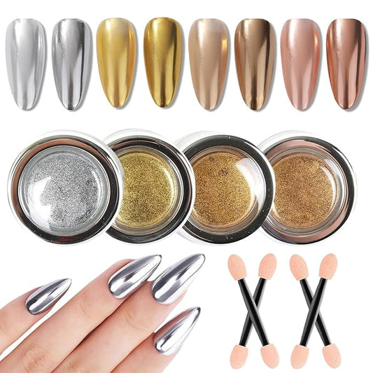 Chrome Nail Powder Gold Silver Champagne Copper 4 Colors Mirror Effect Metallic Chrome Powder for Nails, GZMAYUEN Metallic Nail Powder for Women Girls Gifts