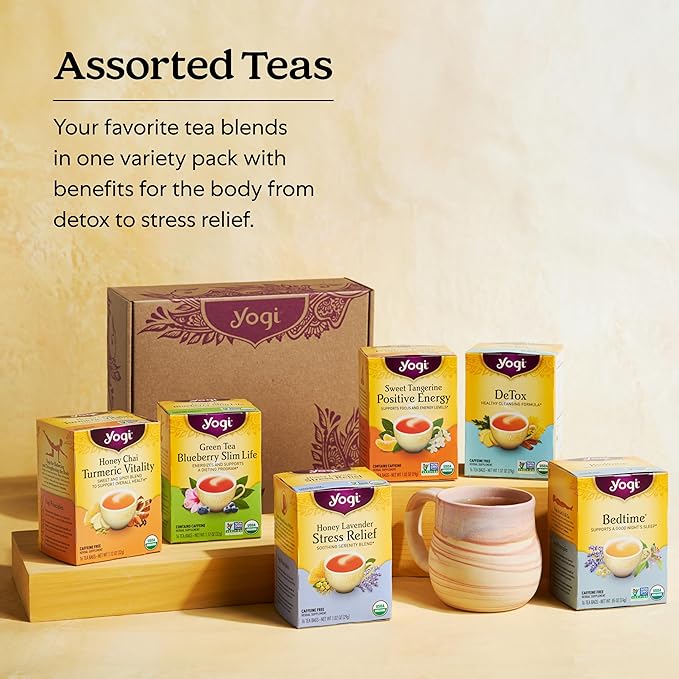 Yogi Tea Well-Being Variety Pack - 16 Bags per Pack (4 Packs) - Black & Herbal Sampler - Caffeine & Caffeine Free - Kava Stress Relief, Ginger, Sweet Tangerine Positive Energy & DeTox