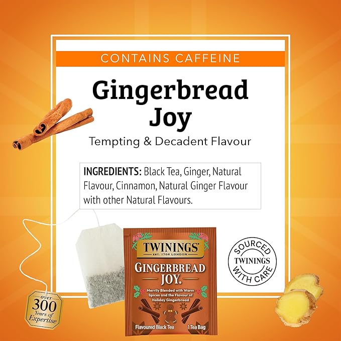 Twinings Gingerbread Joy Black Tea Individually Wrapped Bags, 20 Count (Pack of 6), Ginger & Cinnamon, Caffeinated, Enjoy Hot or Iced, 120 Teabags