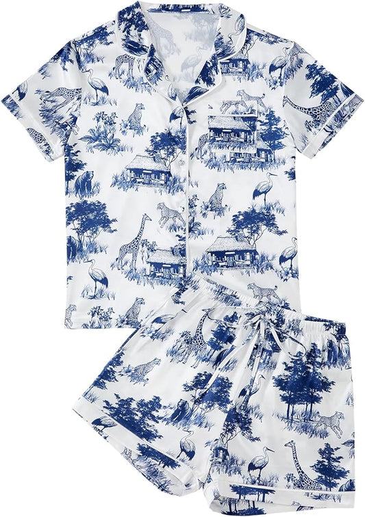 LYANER Women's Satin Silky Short Sleeve Button Shirt Sleepwear 2Piece Pajama Set