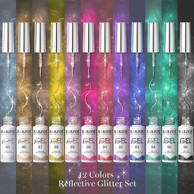 RARJSM Reflective Glitter Nail Art Gel Liner Flash Diamond Painted Gel Nail Polish 12 Colors 5ml Sparkle Silver Brown Hot Pink Green Black Pigment UV LED Soak off Curing Requires for Nail Design