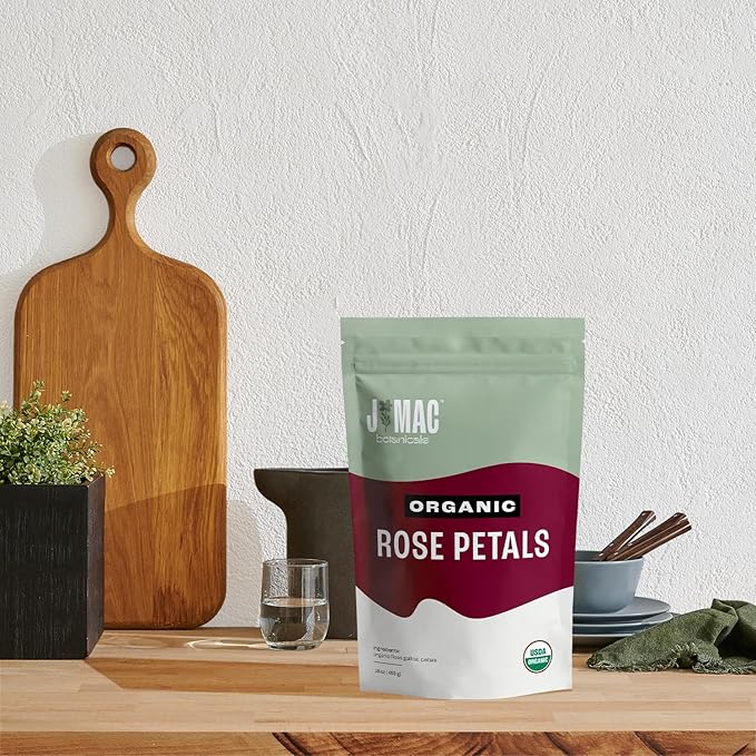 J MAC BOTANICALS Organic Rose Petals, (8 oz) Certified USDA Organic, Edible, Culinary Grade for Herbal Tea, Cooking and Crafts