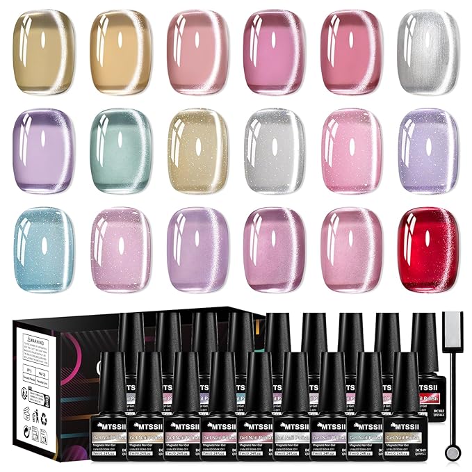 MTSSII 18PCS Cat Eye Gel Nail Polish Set with Magnet, Sea Spirit Magic Cateye Gel Polish Pink Green Blue Yellow Glitter Shinny Magnetic Nail Polish Soak Off LED Manicure Nail Art