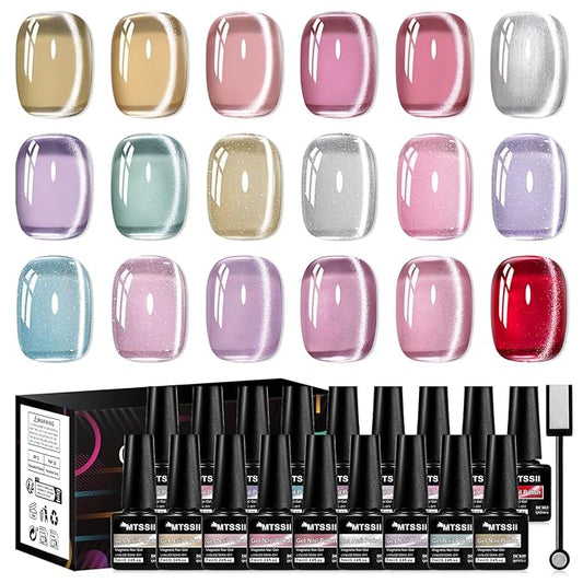 MTSSII 18PCS Cat Eye Gel Nail Polish Set with Magnet, Sea Spirit Magic Cateye Gel Polish Pink Green Blue Yellow Glitter Shinny Magnetic Nail Polish Soak Off LED Manicure Nail Art
