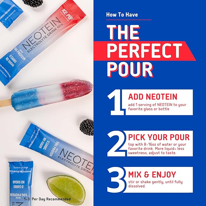 NEOTEIN: Electrolyte Powder Packets with 10g Protein & Collagen | Hydration Packets - Zero Sugar, NO Fillers, NO Carbs | Ice Pop | 40 Calories | Keto & Paleo | Pack of 15