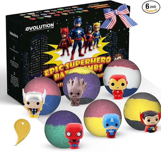 EvolutionUSA Black Epic Superhero Bath Bombs for Kids, 6 Super Hero Bath Bombs with Toy Inside, Lush Childrens Bathbombs, Organic Bathbomb with Surprise Inside, Fizzy Fun Superhero Bath Balls