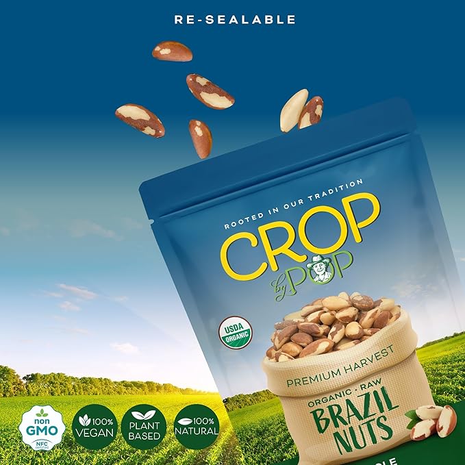 CROP BY POP - Organic Raw Brazil Nuts (16 Oz - 1 LB) Packed Fresh in Resealable Bag - USDA Organic, Non GMO - Naturally Grown, Vegan, Kosher