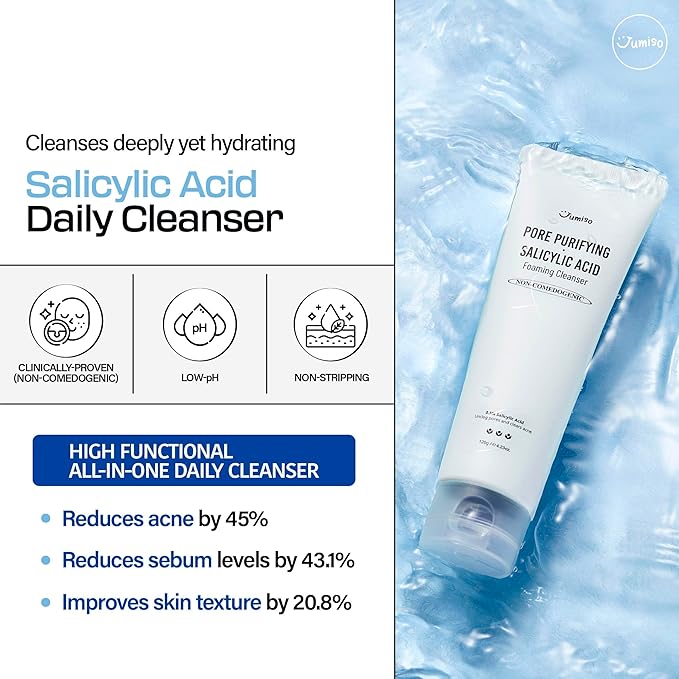 JUMISO Pore-Purifying Salicylic Acid Foaming Cleanser - Korean Face Wash with 0.5% BHA Blue Clay - Oil Control Low pH Non-Comedogenic Glass Skin Texture Improvement - All Skin Types Daily Use 4.23 oz.