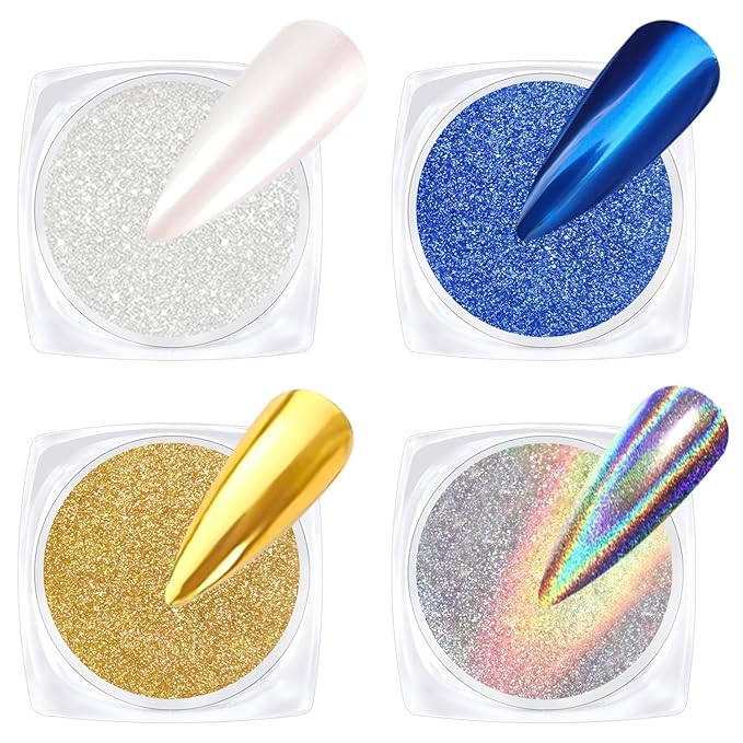 Gold Chrome Nail Powder - Sparkly Laser Holographic Nail Powder Metallic Mirror Effect Ice Blue Nail Chrome POwder, White Pearl Pigment Holo Iridescent Glitter Dust Kit, Nail Art Decoration