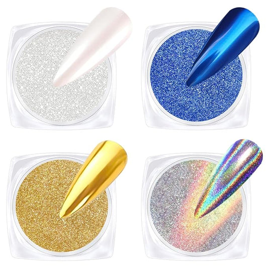 Gold Chrome Nail Powder - Sparkly Laser Holographic Nail Powder Metallic Mirror Effect Ice Blue Nail Chrome POwder, White Pearl Pigment Holo Iridescent Glitter Dust Kit, Nail Art Decoration