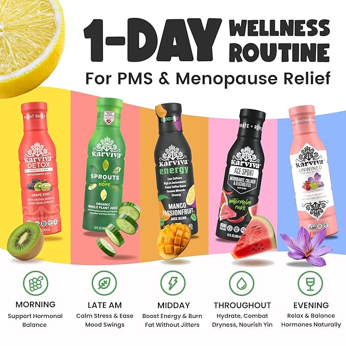 Karviva Juice Cleanse For Women's Health & Hormonal Balance | Ancient Remedies For Weight Control, Energy Boost, Skin Health | Detox, Energy, Collagen Boost, and Destress | TCM-Inspired Relief | Non-GMO, 6 BPA-Free Bottles