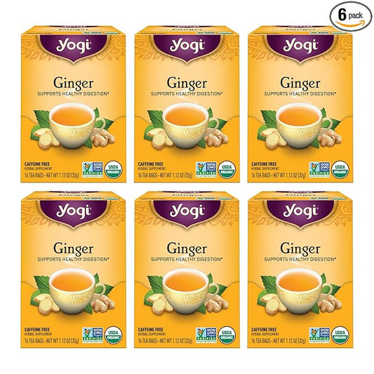 Yogi Tea - Ginger Tea (6 Pack) - Supports Healthy Digestion - Soothing and Spicy Blend - Caffeine Free - 96 Organic Herbal Tea Bags