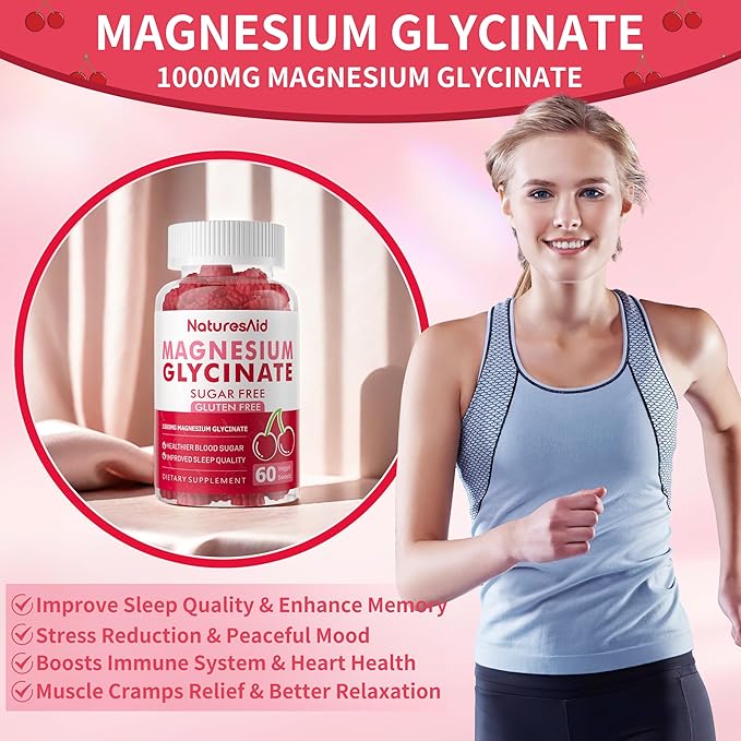 Natures Aid Magnesium Glycinate Gummies 1000mg - Sugar Free Magnesium Potassium Supplement with Vitamin D, B6, CoQ10 for Calm Mood & Sleep Support - 120 Cherry Gummies -2 Pack