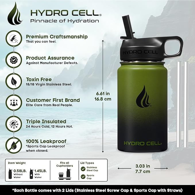 HYDRO CELL Stainless Steel Insulated Water Bottle with Straw - For Cold & Hot Drinks - Metal Vacuum Flask with Screw Cap and Modern Leakproof Sport Thermos for Adults (Army/Black 14oz)