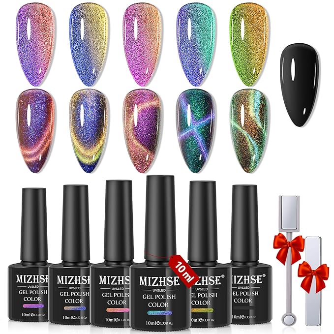 MIZHSE 9D Cat Eye Gel Nail Polish Set, Magnetic Gel Polish 10ml 6 Colors with 2 Magnet Sticks, Chameleon Galaxy Shiny Magic Effect Cateye Nail Polish Soak off Nail Art Gift for Women