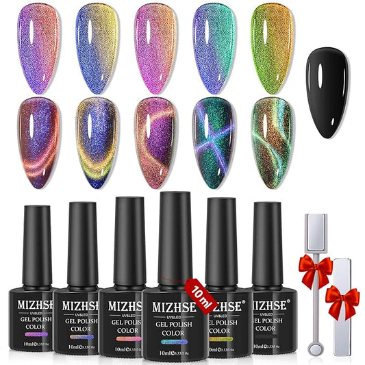 MIZHSE 9D Cat Eye Gel Nail Polish Set, Magnetic Gel Polish 10ml 6 Colors with 2 Magnet Sticks, Chameleon Galaxy Shiny Magic Effect Cateye Nail Polish Soak off Nail Art Gift for Women