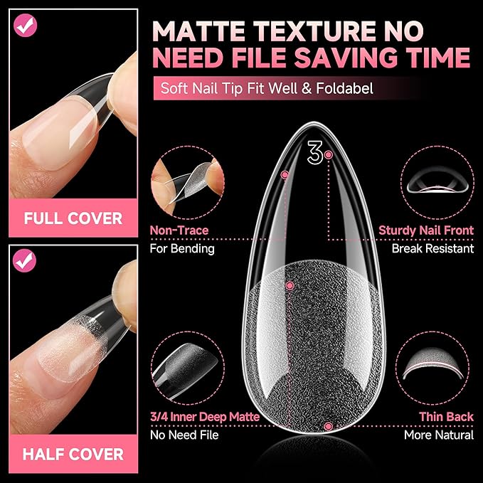 UNA GELLA Medium Almond Nail Tips, 12 Sizes Gel Nail Tips Almond Shape, 120Pcs Pre-file Soft Gel Nails Tips Clear Acrylic Fake Nails Full Cover Nails Tips for Nail Extensions DIY Salon Long Lasting