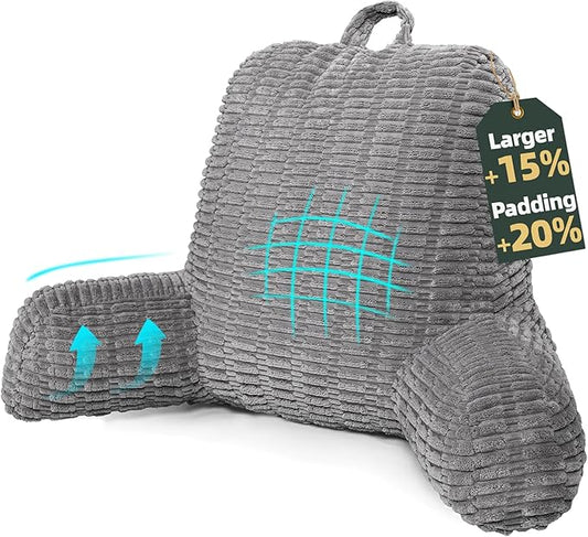 21" Higher Large Reading Pillow for Bed Adult, Back Pillow for Bed Sitting Up with Memory Foam Back Support with Arms Rest for Couch Chair Gray
