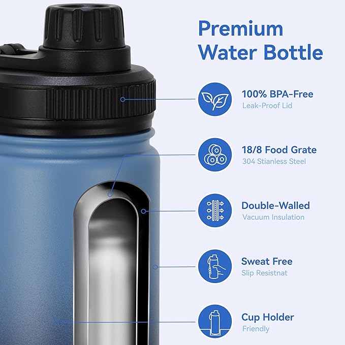 DOMICARE 16 oz Kids Water Bottle for School Stainless Steel Double Wall Vacuum Insulated Water Bottle with Straw lids & Spout Lid, Leakproof BPA Free (Blue/Navy,8)