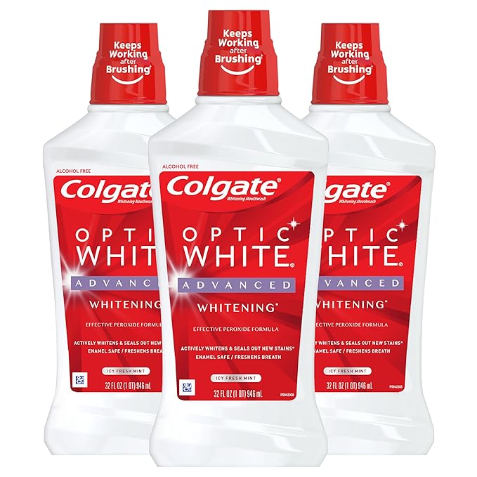 Colgate Optic White Whitening Mouthwash, Fresh Mint - 946mL, 32 Fluid Ounce (3 Pack)