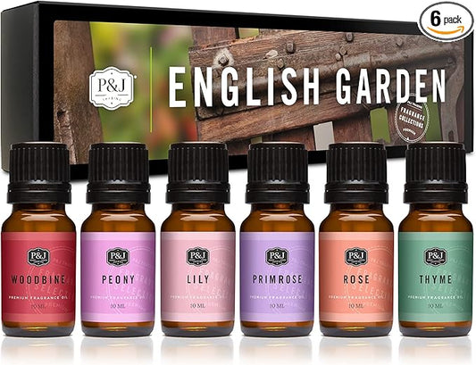 P&J Trading Fragrance Oil English Garden Set | Rose, Woodbine, Thyme, Primrose, Lily, Peonies Candle Scents for Candle Making, Freshie Scent, Soap Making Supplies, Diffuser Oil Scents