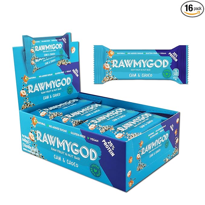 RAWMYGOD Fruit and Nut Bars, Good Source of Protein (10g, 25% protein content), Gluten Free, Vegan, No Added Sugar (16 bars, Chia & Choco)