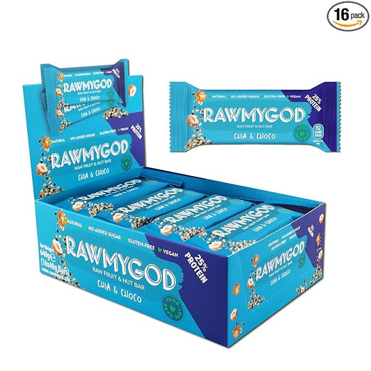 RAWMYGOD Fruit and Nut Bars, Good Source of Protein (10g, 25% protein content), Gluten Free, Vegan, No Added Sugar (16 bars, Chia & Choco)