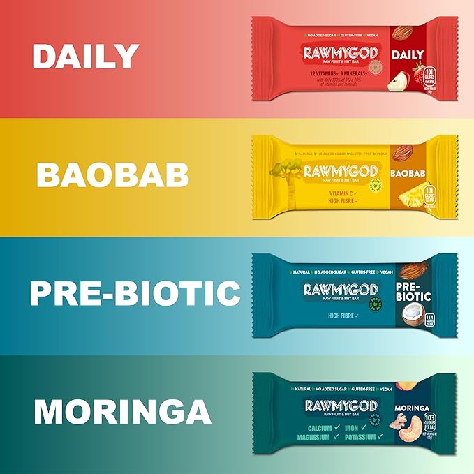 RAWMYGOD Fruit and Nut Bars, Gluten Free, Vegan, No Added Sugar (20 bars, Vitality Pack - 5 Prebiotic, 5 Moringa, 5 Baobab, 5 Daily)