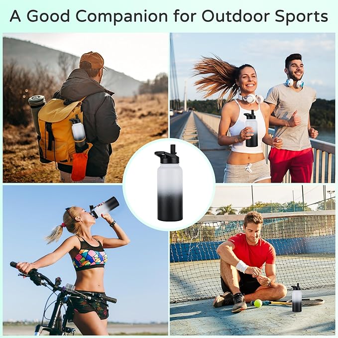 DOMICARE 32 oz Insulated Water Bottle, Vacuum Insulated Stainless Steel Sports Water Bottle with Straw Lid & Spout Lid, Leakproof, Reusable - Travel, Camping, Bike, Black White Gradient