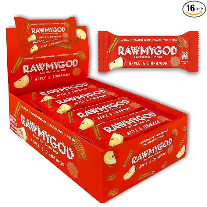 RAWMYGOD Fruit and Nut Bars, Gluten Free, Vegan, No Added Sugar (16 bars, Apple & Cinnamon)