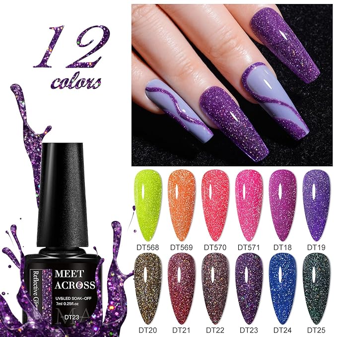 MEET ACROSS Reflective Glitter Gel Nail Polish Set for Christmas Nails 12 Colors Including Pink Red Purple Holographic Gel Polish Kit UV LED Soak Off Nail Polish Home DIY Manicure Nail Salon Varnish
