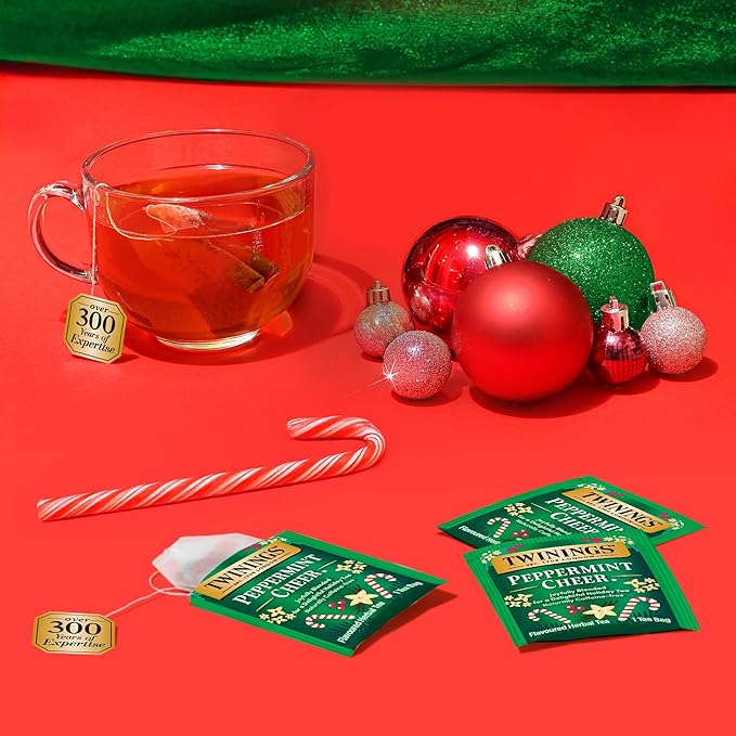 Twinings Peppermint Cheer Herbal Tea Individually Wrapped Bags, 20 Count (Pack of 6), Peppermint & Creamy Vanilla, Naturally Caffeine-Free, Enjoy Hot or Iced, 120 Teabags