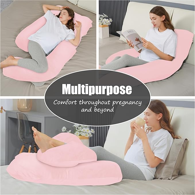HIPHOP PANDA U-Shaped Pregnancy Pillow for Sleeping - Full Body Maternity Support Pillow with Cooling Removable Cover - Comfort for Back, HIPS, Legs, Belly - 57 Inch for Pregnant Women, Pink