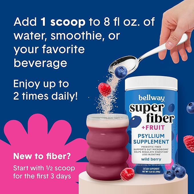 Bellway Super Fiber Powder + Fruit, Sugar Free Organic Psyllium Husk Powder Fiber Supplement for Regularity, Bloating Relief & Digestive Health, Plant-Based, Wild Berry (50 Servings)