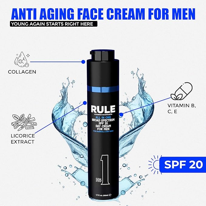 No.1 Day Cream for Men, 10-in-1 Anti-Aging Face Moisturizer to Reduce Wrinkles & Dryness, SPF 20, Collagen, Vitamins B, C & E - Normal & Dry Skin - Original, 50 mL
