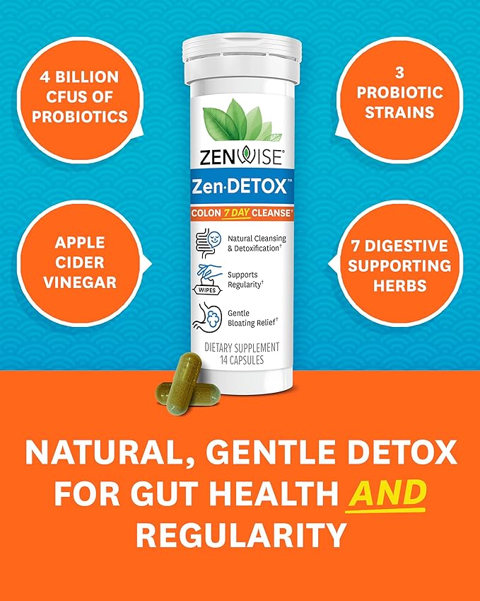 Zenwise Health 7-Day Colon Detox Cleanse for Digestive Health - Gut Detox Pills for Digestion & Bloating Relief - Herbal Blend with Psyllium Husk, Senna Leaf, Bromelain, ACV & Probiotics - 14 Count
