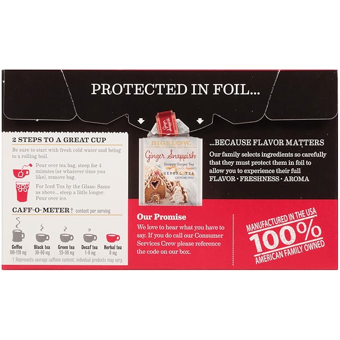 Bigelow Tea Ginger Snappish Herbal Tea, Caffeine Free Tea with Ginger and Lemon, Holiday and Christmas Tea, 18 Count Box (Pack of 6), 108 Total Tea Bags