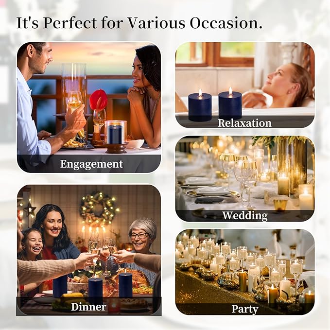 KONNI Navy Blue Pillar Candles Set of 3, 3"x 6" Unscented Pillar Candles Bulk, 56 Hours Long Burning Candles, Smokeless&Dripless Large Round Candle for Wedding, Home Decoration, Parties, Spas, Dinner